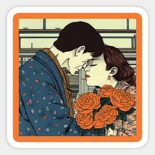 Cartoon Couple Kissing and holding Flowers Sticker